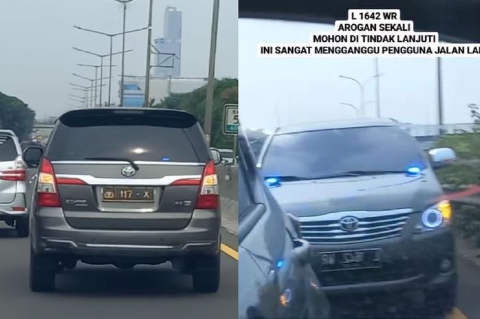 Toyota Kijang Innova sama bertindak arogan minta jalan menggunakan rotator dan strobo, awal pelat biasa L 1642 WR lalu ganti pelat dinas Polisi 117-X