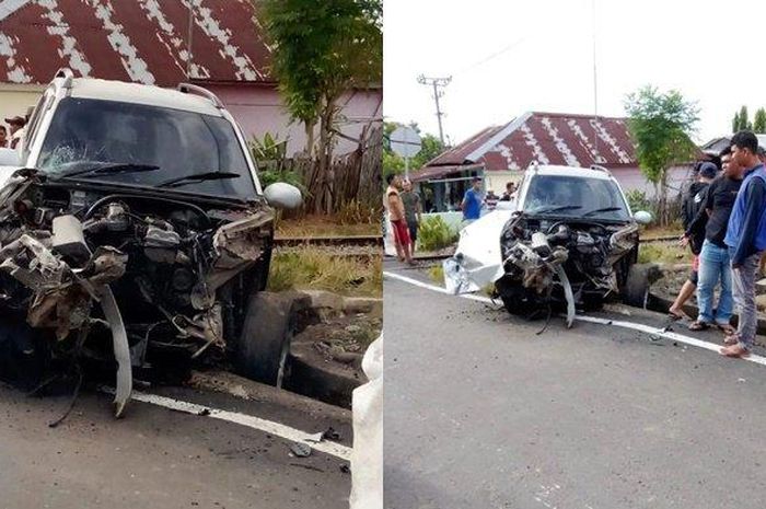 Suzuki Escudo berantakan wajah usai disambar kereta api