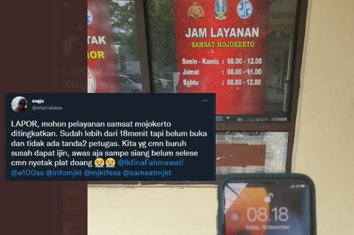 Cuitan Twitter @ellatralalaa tentang jam layanan Samsat mojokerto yang molor.