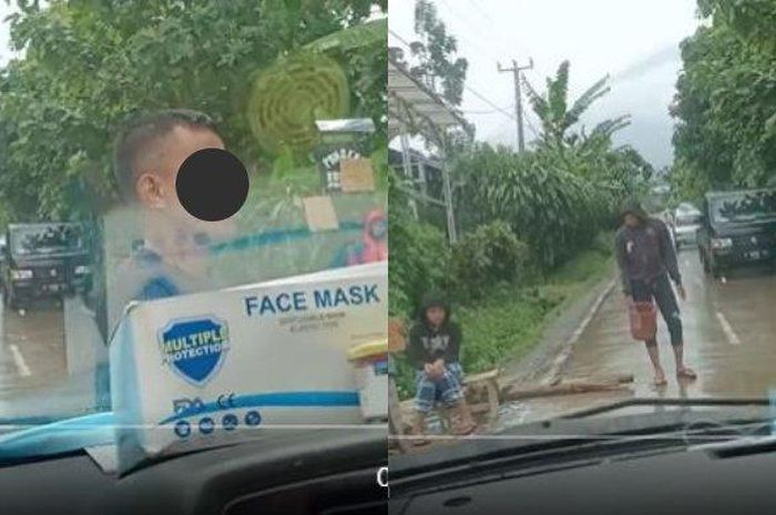 tangkap layar tiga pria mengahalngi laju mobil penyalut bantuian gempa Cianjur, pelaku sempat dibawa polisi ke Mapolres Cianjur.