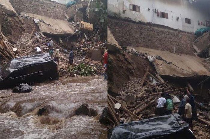 Kondisi garasi yang jebol diterjang banjir, mobil terseret ke sungai.  