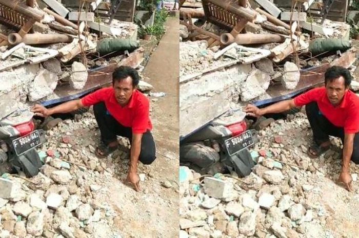 Deni, menunjukan Yamaha NMAX dan lima motor lain yang tertimbun bangunan bengkelnya akibat gempa Cianjur, Jawa Barat