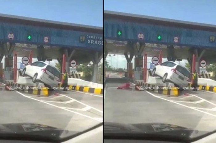Suzuki Ertiga nyangkut ke atas pembatas jalan gerbang tol Solo Sragen akibat pengemudi mengantuk