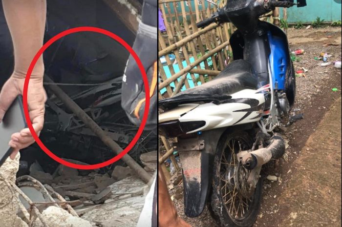 Suzuki Satria 2-Tak yang terjepit material rumah, warganet menduga kejadian di Garut.