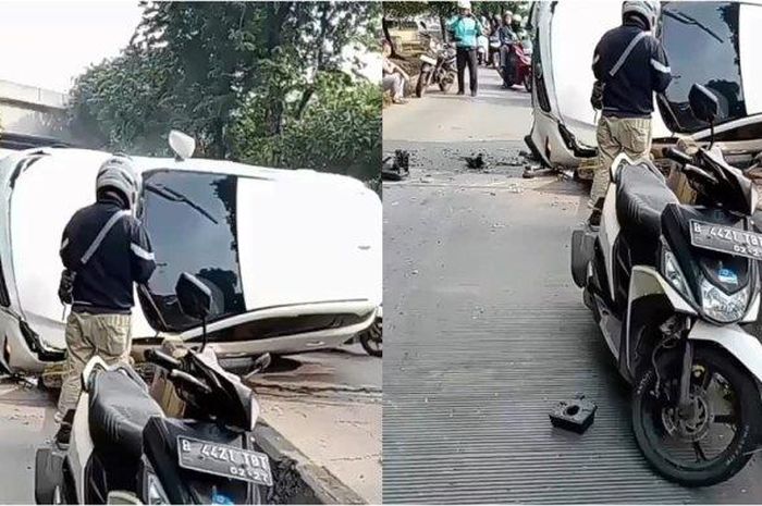 Kondisi Mazda3 yang mengalmi kecelekaan tunggal tabrak pembatas beton di Jalan Yos Sudarso, Koja, Jakarta Utara, Selasa (6/12/2022).