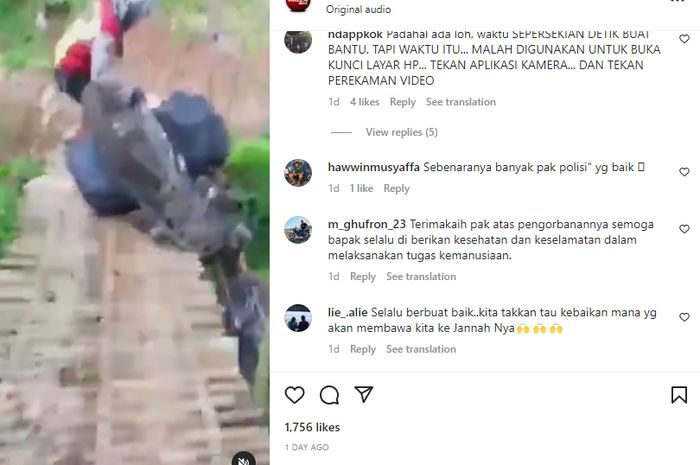 Viral video anggota polisi terperosok ke dasar jembatan kecil di media sosial.