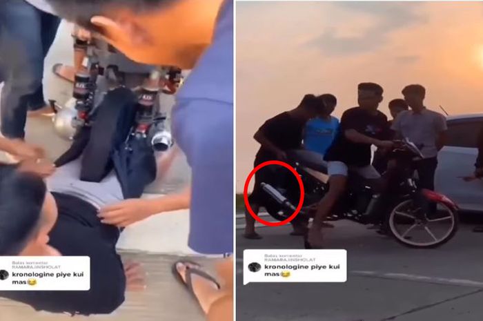 tangkap layar kejadian ban motor nyangkut di selangkangan seorang pria.