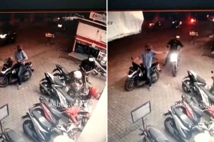 Komplotan maling motor mengacungkan pistol begitu kepergok warga saat mencuri Honda CBR di halaman parkir minimarket Alfamart Jalan Rawamulya, Kecamatan Mustikajaya, Kota Bekasi, Jawa Barat, Rabu (14/12/2022) malam.  