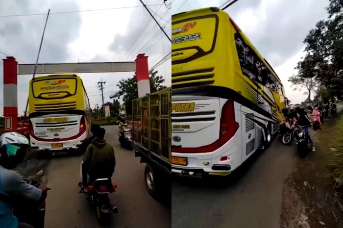 Bus pariwisata yang hampir serempet biker yang tak mau minggir buat kasih jalan.