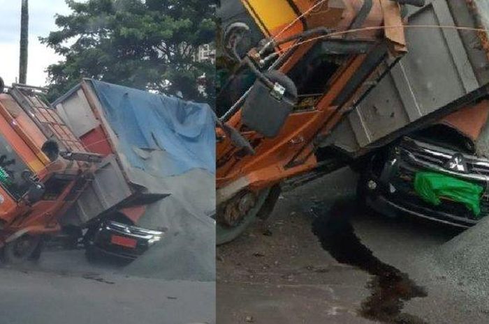 detik-detik Mitsubishi Pajero Sport yang dikemudikan Jenderal TNI gepeng tertimpa truk pasir di Kawasan Cibubur, Depok, Jawa Barat pada Jumat (23/12/2022).