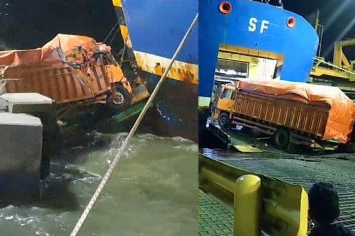 Truk muatan semen tercebur ke laut dari ramp door kapal di Pelabuhan Merak, Banten, Rabu (28/12/2022).