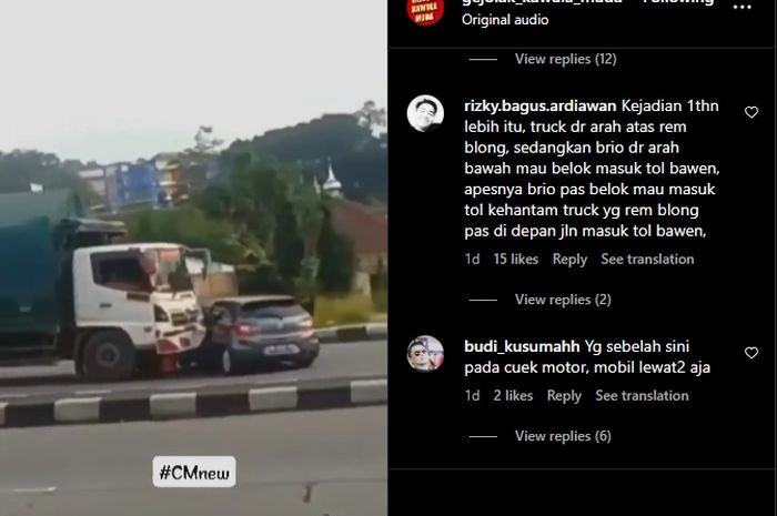 Beredar di media sosial, sebuah rekaman insiden truk seret Honda Brio di jalan.