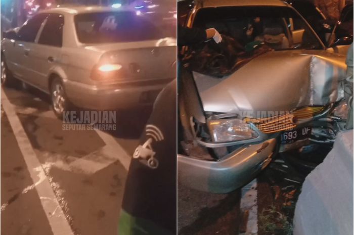 Toyota Soluna berakhir remuk bagian fascia-nya setelah terlibat insiden kecelakaan di Flyover Jatingaleh, Semarang, pada Jumat (13/01/2023).