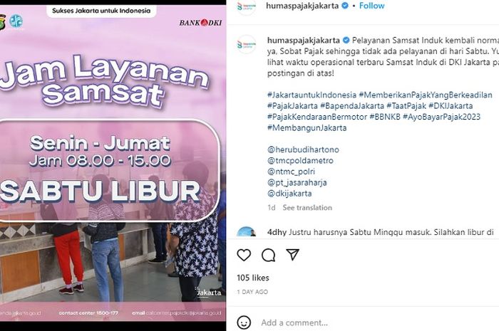Jadwal baru layanan Samsat DKI Jakarta Sabtu libur