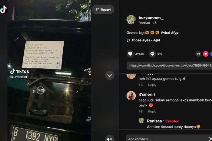 Pesan di kaca belakang Nissan Serena satu ini sukses bikin netizen gemas.