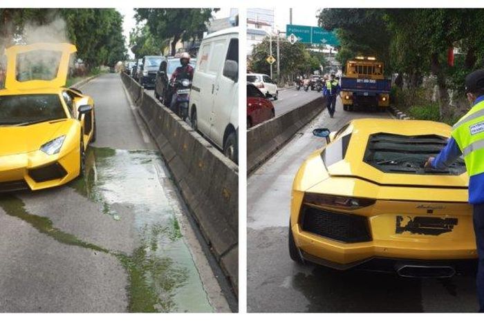 Lamborghini Aventagor yang mogok di jalur bus Transjakarta