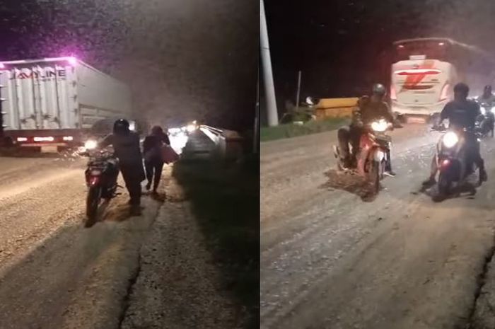 tangkap layar video saat pengendara motor kesulitan melintasi Jembatan Rawalo akibat dipenuhi serangga semacam laron, Senin (23/1/2023).