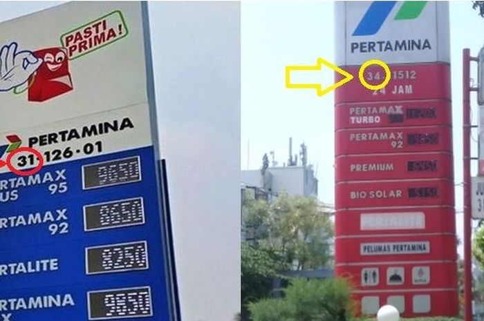 contoh kode angka 31 dan 34 yang ada di plang SPBU Pertamina.