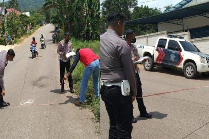 Polisi olah TKP kasus tabrak lari Toyota Avanza DT 1727 DG terhadap Suzuki Shogun dan Yamaha Scorpio yang tewaskan pelajar SMP di kota Baubau