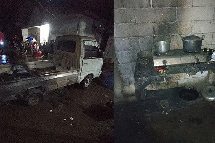 Suzuki Carry pikap yang terbakar karena desain dapur jadi satu dengan garasi di Kayuloko, Sidoharjo, Wonogiri