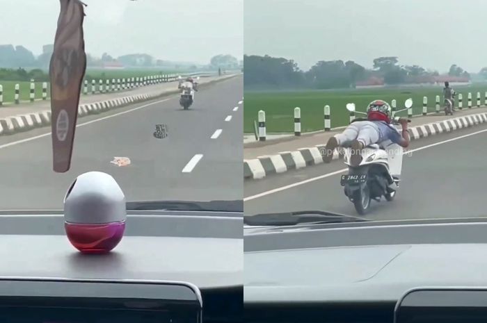 Aksi pemotor Honda Scoopy di Exit Tol Setono, Pekalongan ini bikin netizen tertawa di kolom komentar.
