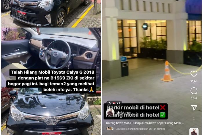 Toyota Calya milik Chris Ryan hilang di parkir lobi hotel di kawasan Bogor, Jawa Barat.