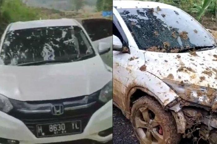 Kondisi Honda HR-V nopol H 8630 TL sebelum (kiri) dan sesudah (kanan) dievakuasi usai tersesat sejauh 1 Km di area hutan Pati, Jawa Tengah