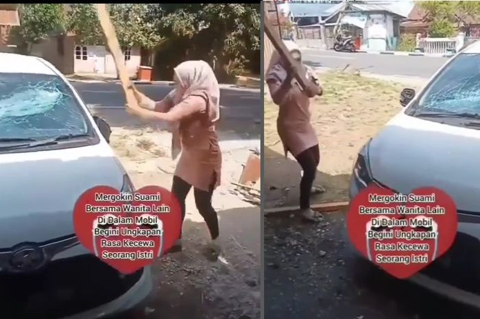 Aksi perusakan Toyota Calya oleh seorang wanita yang viral. 