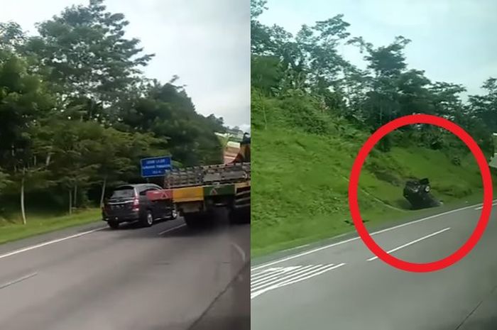 Toyota Kijang Innova terbalik di Tol Bawen usai salip tronton dari kiri.