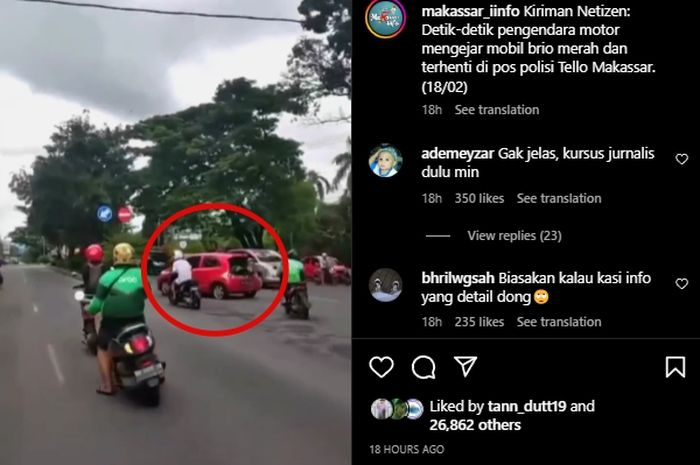 Honda Brio berkelir merah dikejar massa di jalanan Kota Makassar, pada Sabtu (18/02/2023).