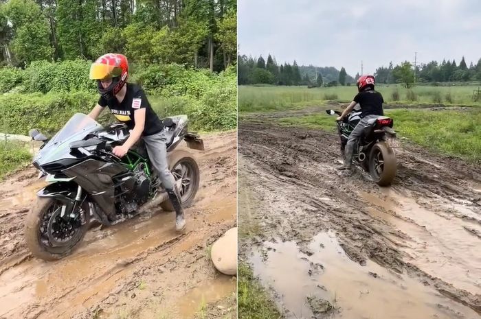 Kawasaki Ninja H2 Diajak Off road Pria Ini Mampu Jaga Keseimbangan Hypersport 238 Kg GridOto
