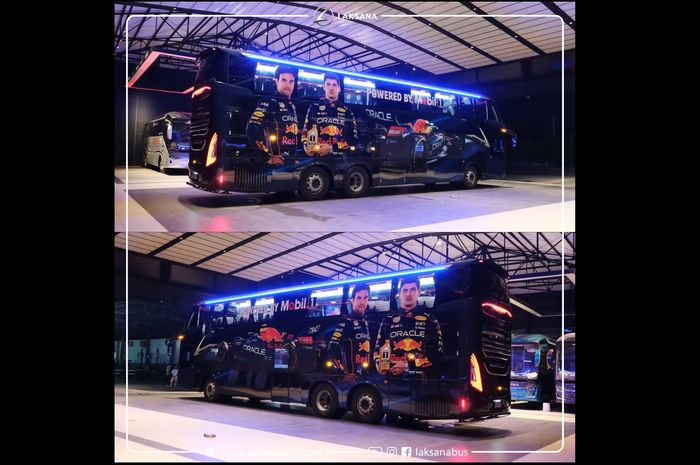 Mobil1 Bus buatan laksana, berlivery tim Red Bull Racing