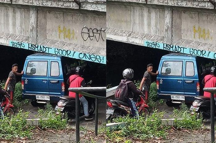 Suzuki Carry nyangkut di kolong jembatan Taji, Prambanan, Klaten, Jawa Tengah akibat sopir nyepelein peringatan warga