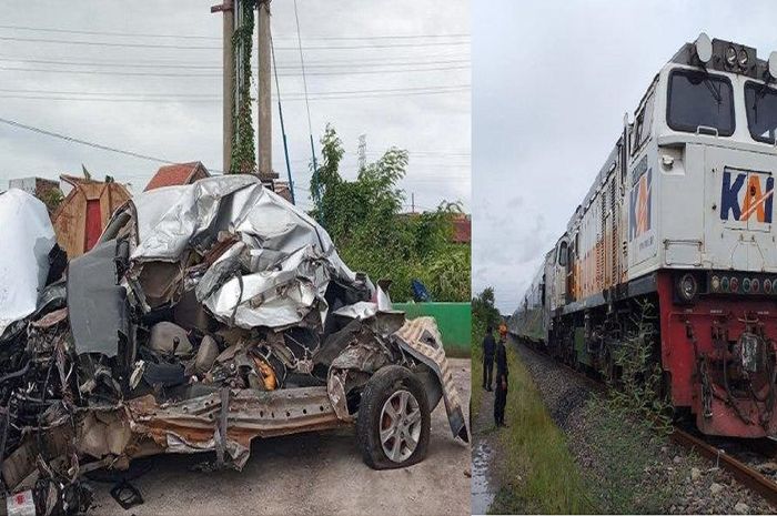 Daihatsu Xenia hancur tak berbentuk, bodi terbelah habis ditabrak KA Argo Bromo Anggrek di Tambakrejo, Gayamsari, Semarang