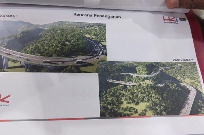 Penampakan rencana pembangunan Flyover Sitinjau Lauik, Jalan Lintas Padang-Solok, Kota Padang dari Hutama Karya Indonesia. 