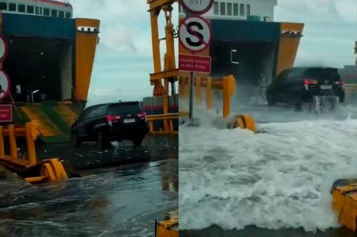 Toyota Innova auto mandi air laut saat mau naik kapal feri di Pelabuhan Merak, Banten, Rabu (01/03/2023).