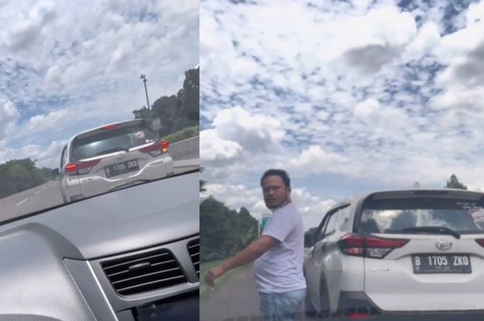 Seorang pengemudi Daihatsu Terios arogan di jalan tol, hadang dan ancam polisi pakai kunci ban.