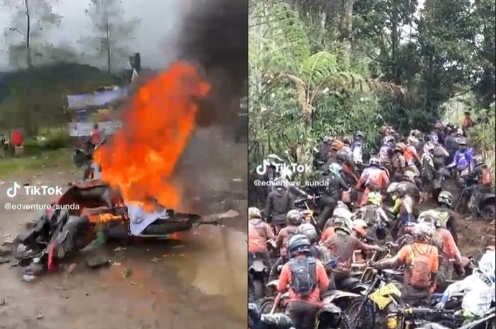 Dua skutik dan satu Kawasaki KLX panitia event trail di Kawasan Ranca Upas Ciwidey dibakar peserta.