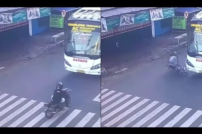 Aksi bus PO Bagong bikin pemotor Yamaha F1ZR ketiban apes di Simpang Empat Plandaan, Tulungagung, Senin (06/03/2023).