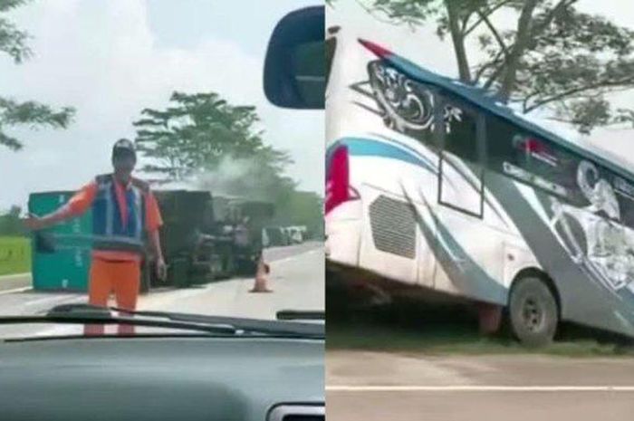 Bus PO Haryanto terlibat kecelakaan dengan truk di Tol Sragen-Solo. 2 orang terluka