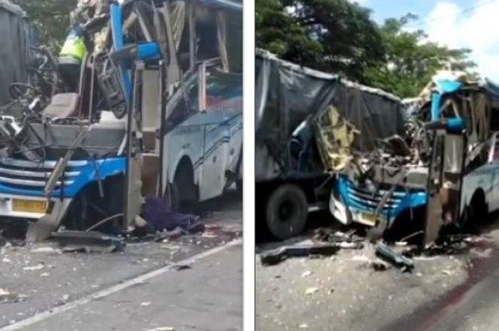 Bus Widji Lestari tabrak trun tronton di jalur Pantura. 4 orang dinyatakan tewas