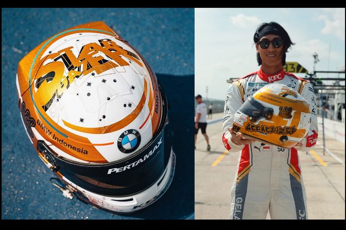 Sean Gelael memamerkan helm barunya untuk FIA WEC 2023, ada logo BMW tapi ada Stargazer juga?