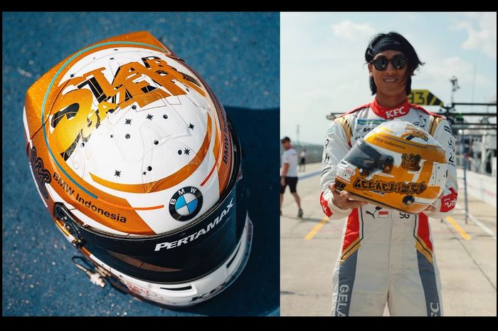 Sean Gelael memamerkan helm barunya untuk FIA WEC 2023, ada logo BMW tapi ada Stargazer juga?