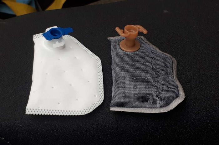 Filter fuel pump KW (kiri), punya bentuk yang mirip dengan yang ori.