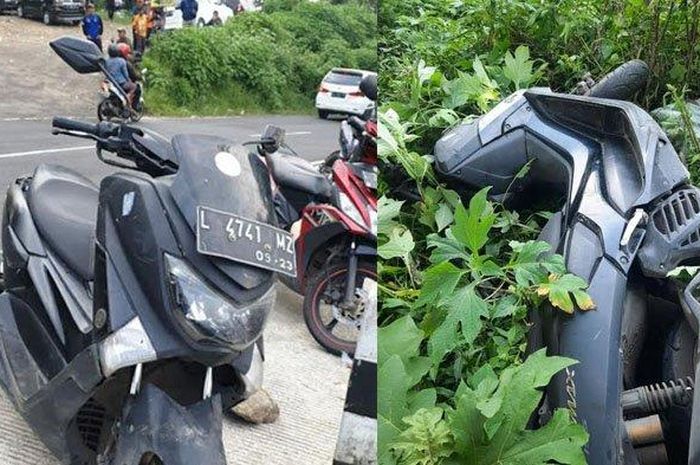 Yamaha NMAX alami rem blong di kawasan rest area Jalur Cangar-Pacet, Kabupaten Mojokerto, Jawa Timur, Minggu (12/03/2023). 