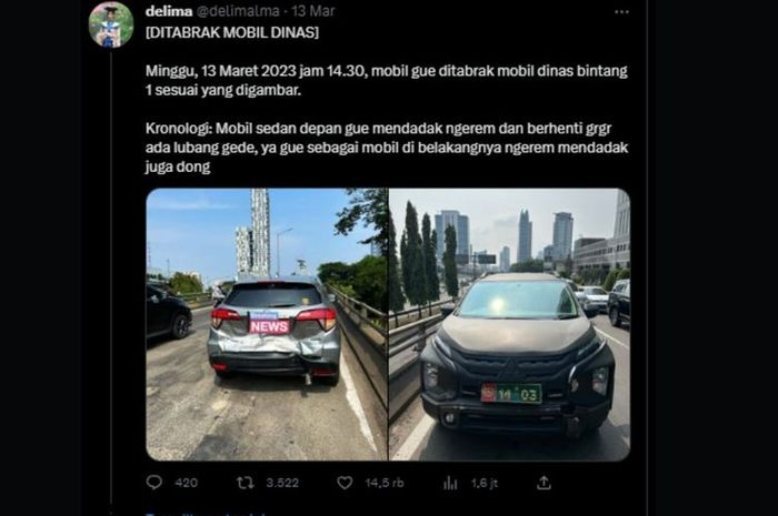 Tangkapan layar cuitan D selaku pemilik Honda HR-V yang ditabrak mobil dinas TNI, pada Senin (13/03/2023).