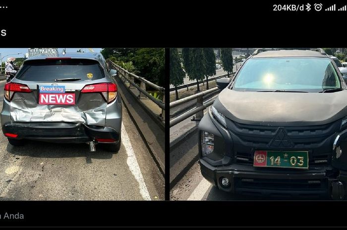 Honda HR-V jadi korban tabrak Mitsubishi Xpander Cross Dinas TNI pelat 14-03 hingga pintu bagasi ringsek di flyover Pancoran arah Tebet, Jakarta Selatan
