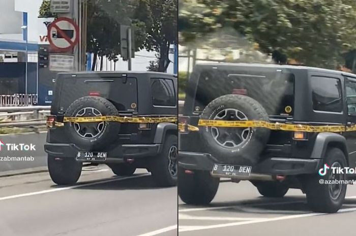 tangkap layar video viral Jeep Wrangler Rubicon Mario Dandy melaju di jalan tol dengan segel polisi.