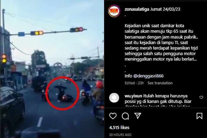 Pemotor matik auto panik saat dengar klakson dan sirene mobil damkar di Kota Salatiga, Jumat (24/03/2023).