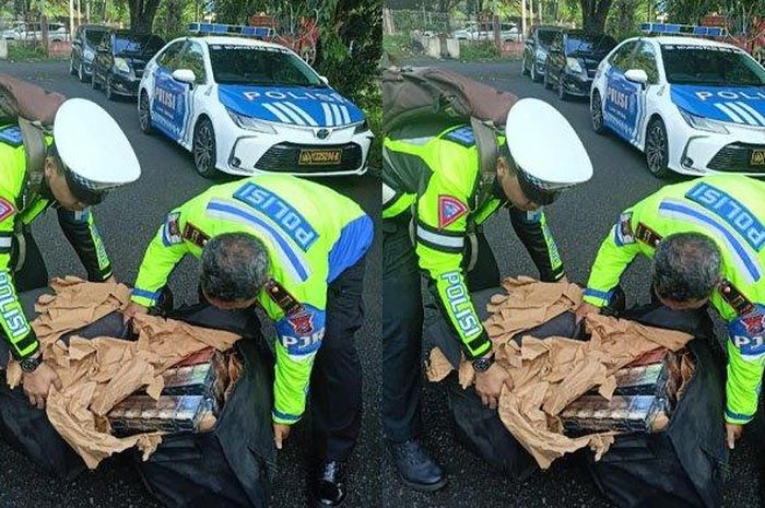 Anggota Sat PJR Ditlantas Polda Jatim amankan ratusan slop rokok ilegal yang dibawa pemotor saat tersesat masuk tol Tandes, Surabaya